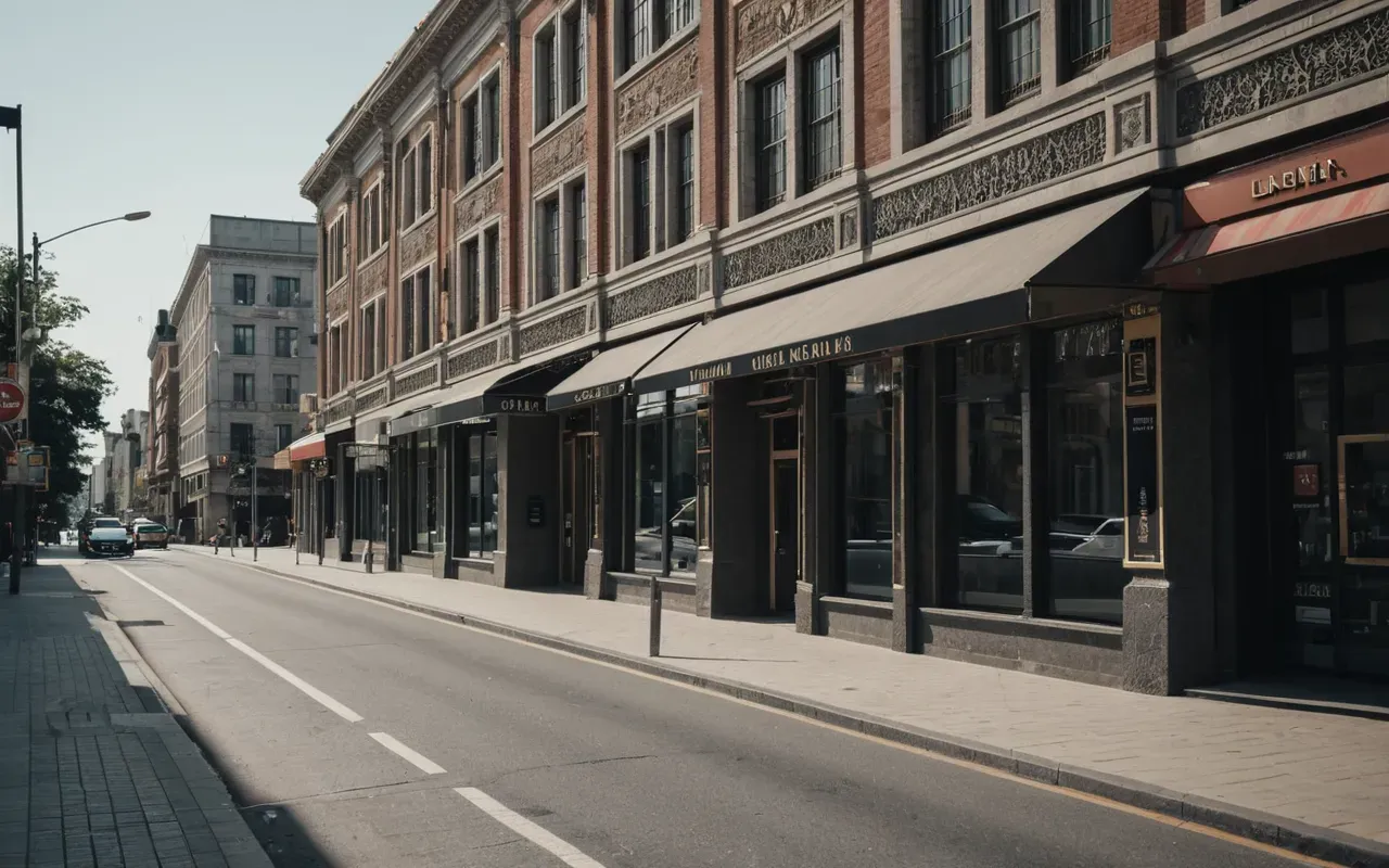 Wide shot of a modern city street corner with contemporary buildings and clean sidewalks under soft daylight with editorial photography style and neutral tones