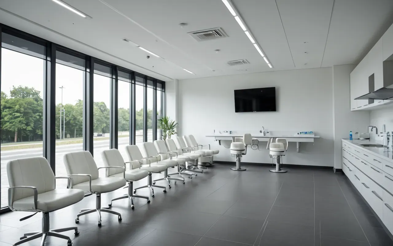 diş klinikleri iç mekân Wide shot of a modern dental clinic interior with a row of sleek white chairs and large windows, soft natural daylight, editorial photography