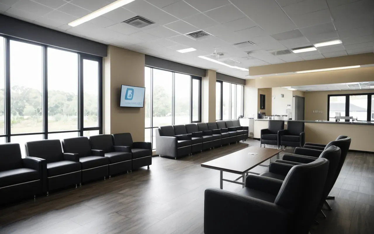Wide shot of a modern dental clinic waiting area with comfortable seating and natural light streaming through large windows, editorial photography style