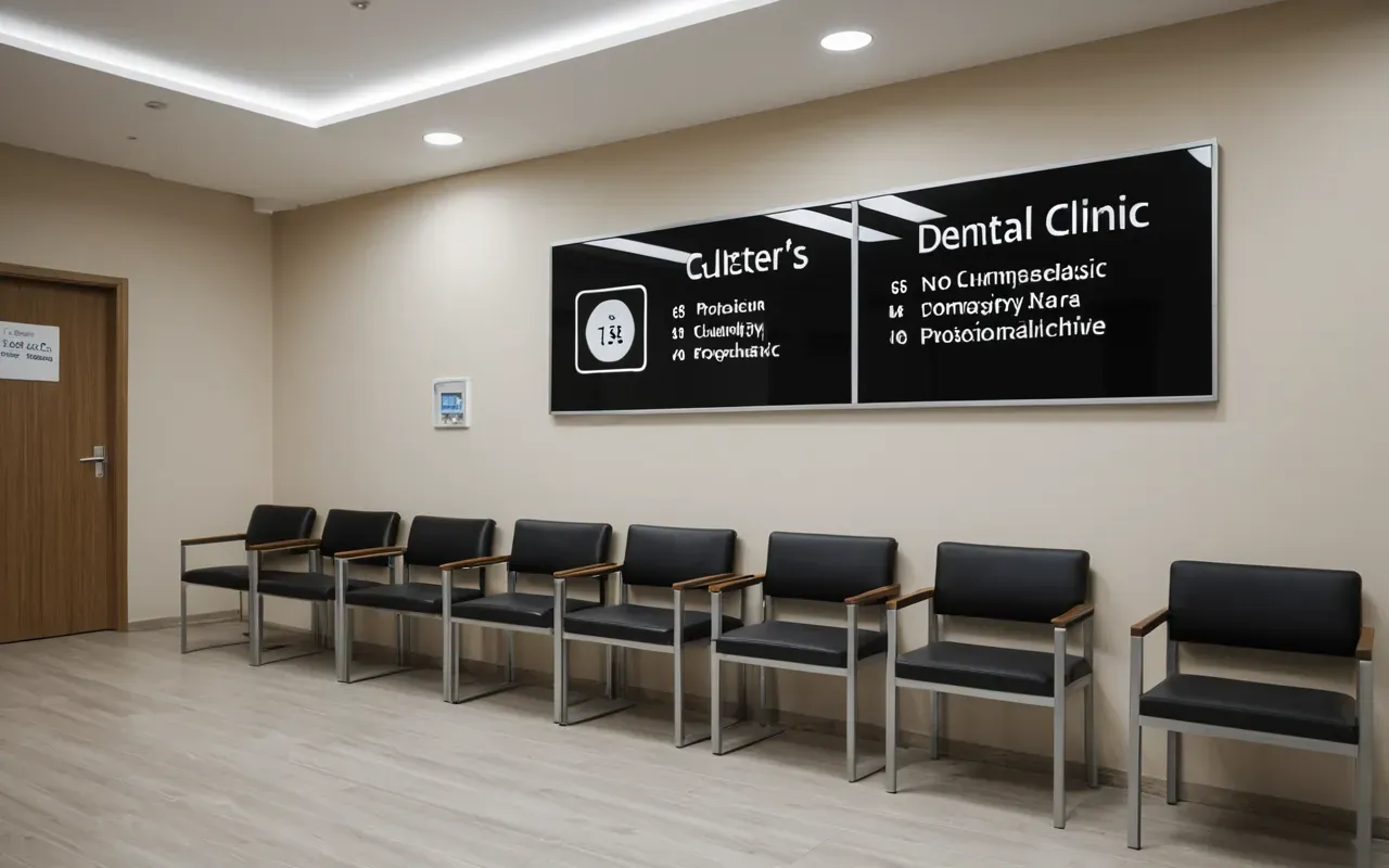dental clinic environment Wide shot of a modern dental clinic waiting area with comfortable chairs and soft ambient lighting creating a calm professional atmosphere, editorial photography style