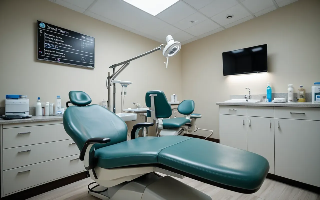 diş tedavisi süreci Wide shot of a modern dental treatment room with a patient reclined in an ergonomic chair while a dentist focuses on the procedure under bright focused surgical lighting and clean stainless steel instruments arranged neatly.