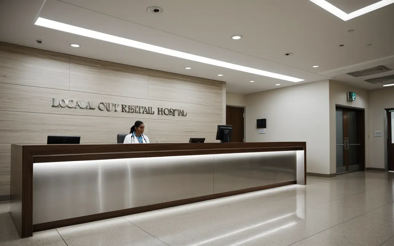 Wide shot of a modern hospital reception area with clean lines and soft ambient lighting in neutral tones.