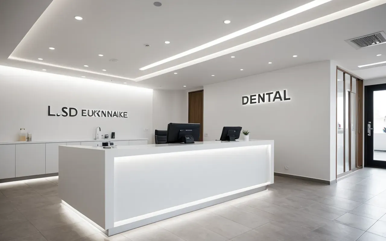 Wide shot of a modern minimalist dental clinic reception area with clean white surfaces, soft ambient lighting, and a calm professional atmosphere, editorial photography style