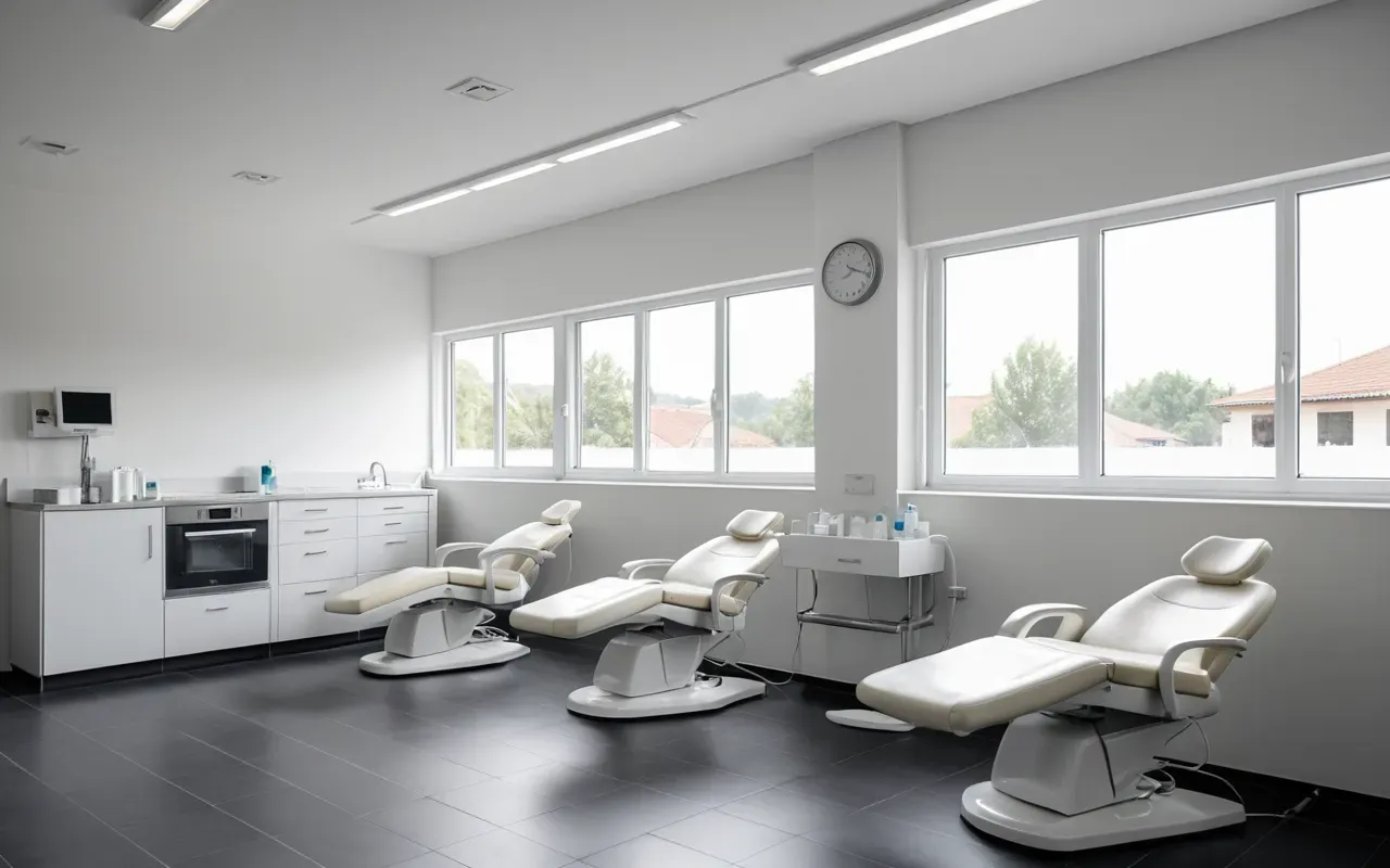 modern dental clinic Wide shot of a modern minimalist dental clinic interior with clean white chairs and soft natural daylight streaming through large windows, editorial photography style